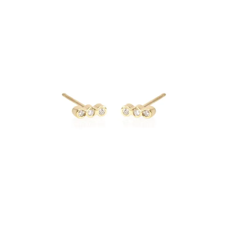 14k Tiny Three Bezel Diamond Bar Stud Earrings