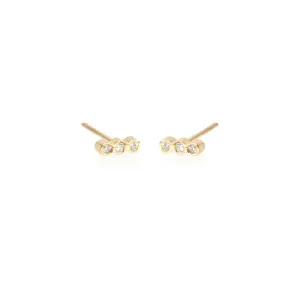 14k Tiny Three Bezel Diamond Bar Stud Earrings