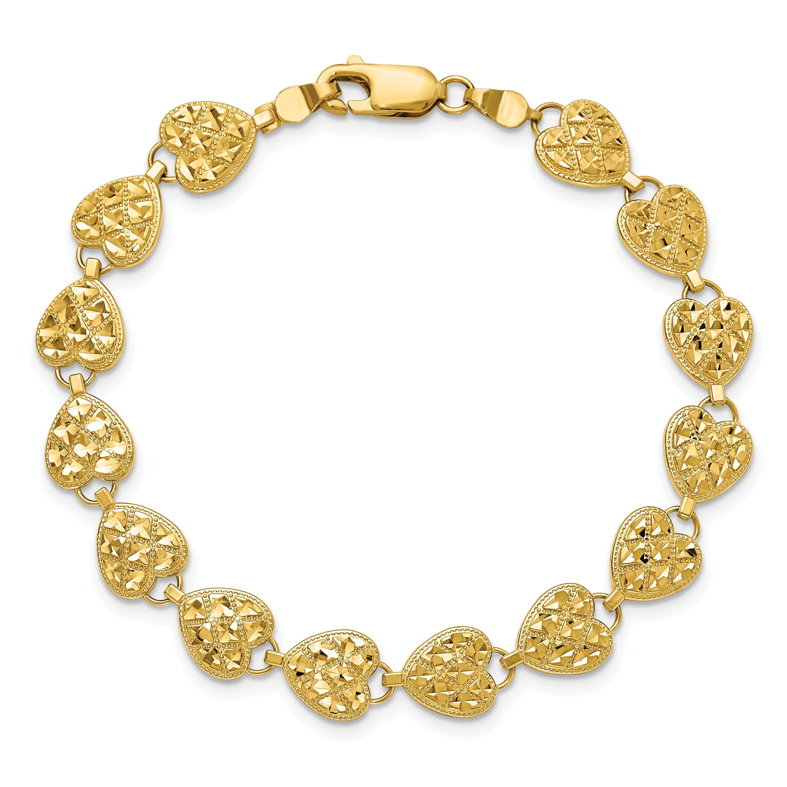 14K Yellow Gold Hearts Bracelet. Textured D.C finish, 7.5-inch