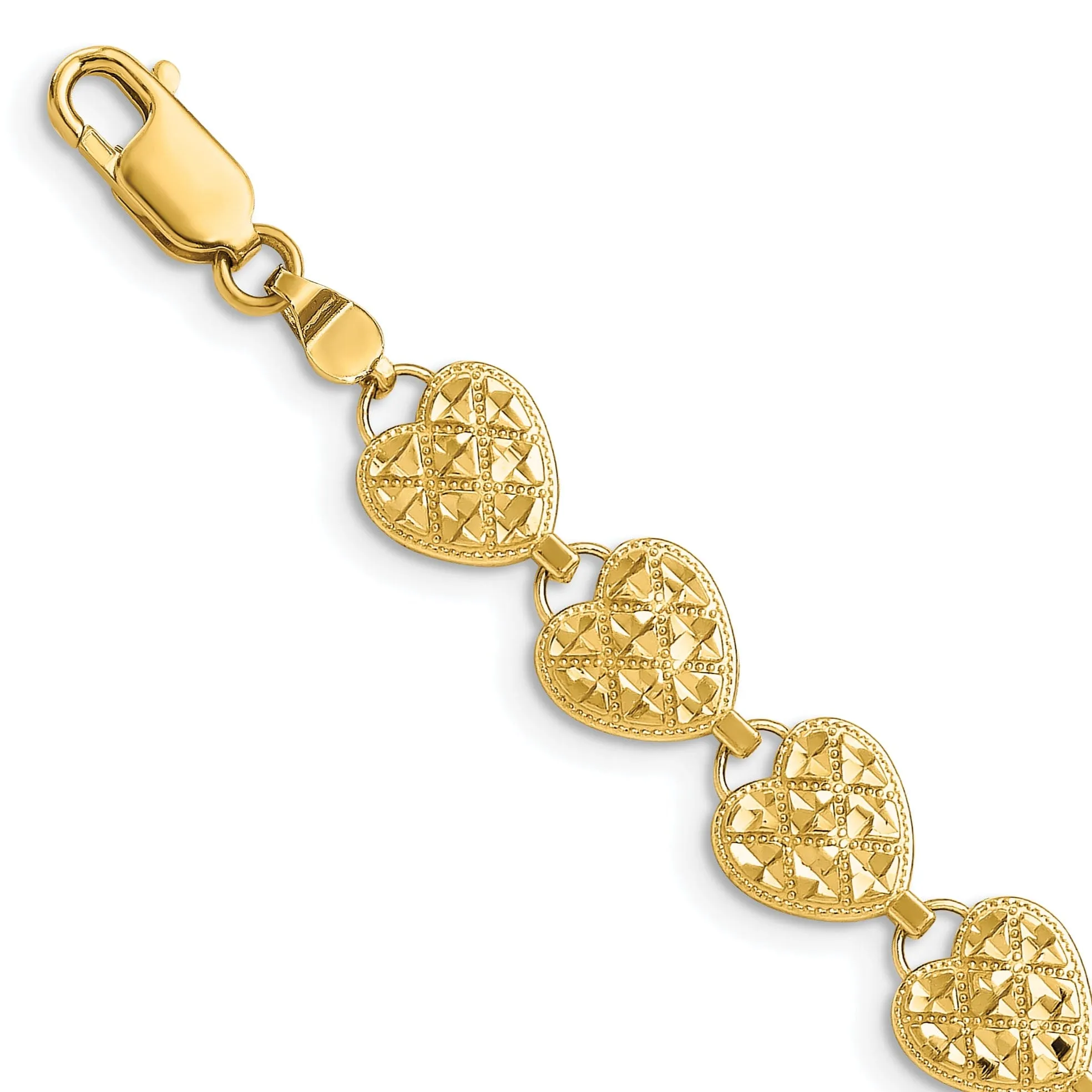 14K Yellow Gold Hearts Bracelet. Textured D.C finish, 7.5-inch