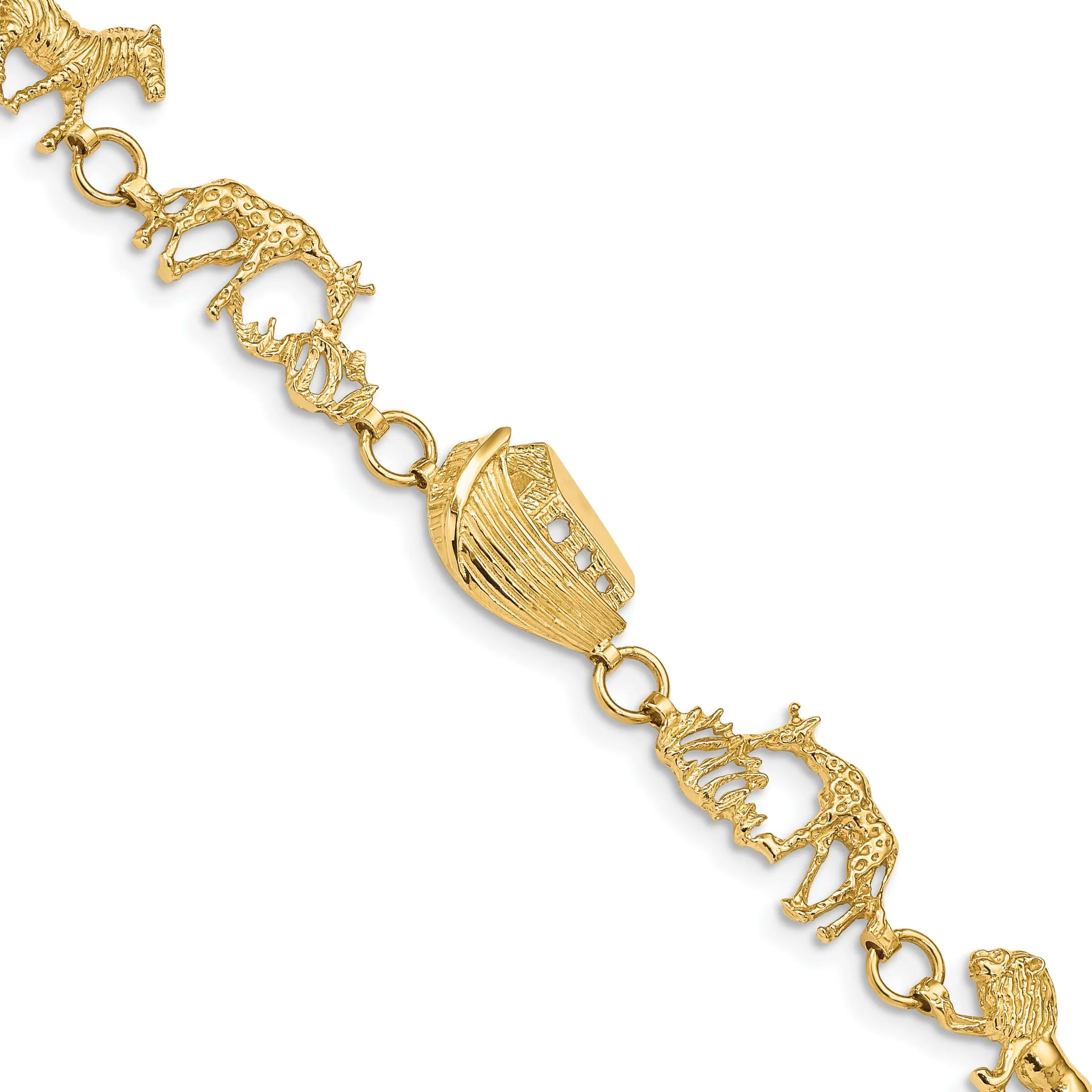 14k yellow gold textured polished finish Noah's Ark design bracelet. 7-inch, solid 9.5-mm wide