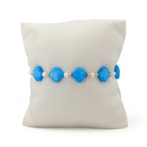 14K Yellow gold white agate turquoise clover bracelet-637379