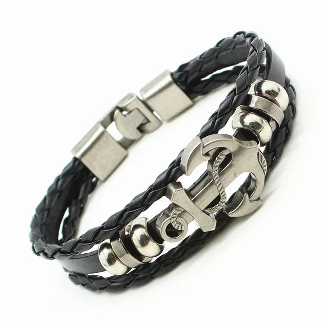 2016 Handmade Retro Leather Woven Anchor Charm Bracelet Men Vintage Braided Bracelets Bangles Male Jewelry