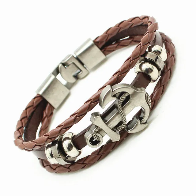 2016 Handmade Retro Leather Woven Anchor Charm Bracelet Men Vintage Braided Bracelets Bangles Male Jewelry