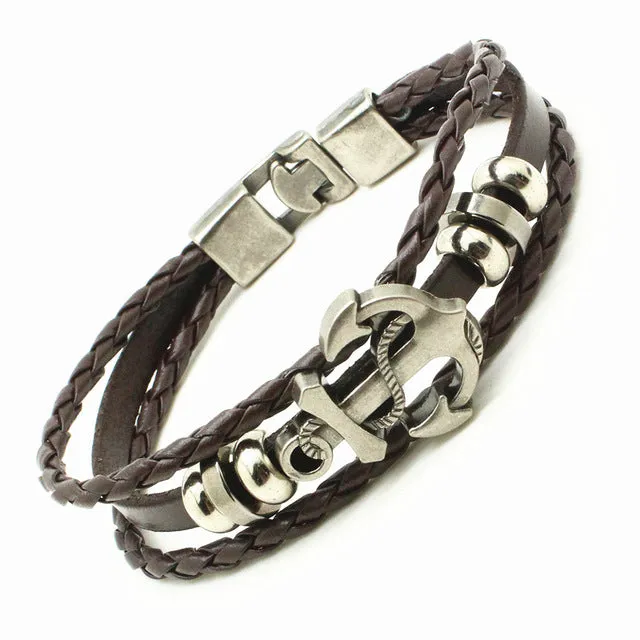 2016 Handmade Retro Leather Woven Anchor Charm Bracelet Men Vintage Braided Bracelets Bangles Male Jewelry