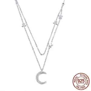 925 Sterling Silver Moon & Star Double Layers Chain Pendants Necklaces for Women Sterling Silver Jewelry