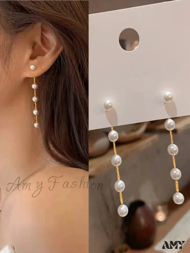 Amy Fashion - Temperament Simple Long Chain Tassel Faux Pearl Earrings