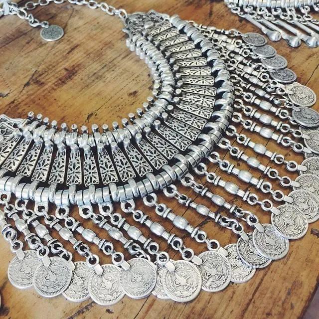 Ankara boho necklace with coins - long