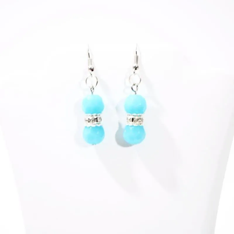 Aqua Blue Facet Bead With Silver Plated Dangle Earrings