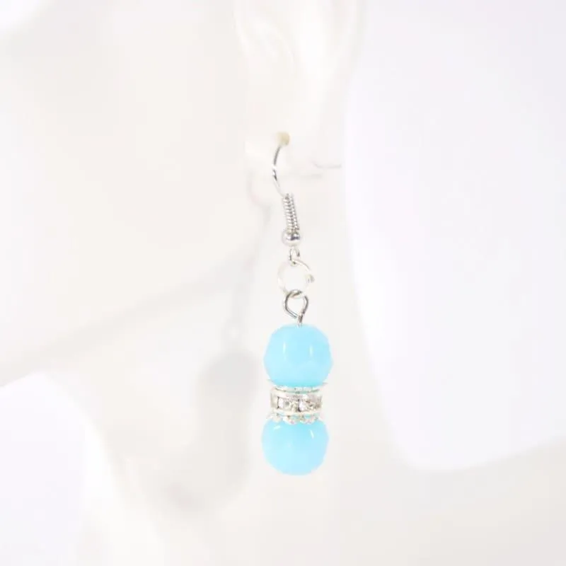 Aqua Blue Facet Bead With Silver Plated Dangle Earrings