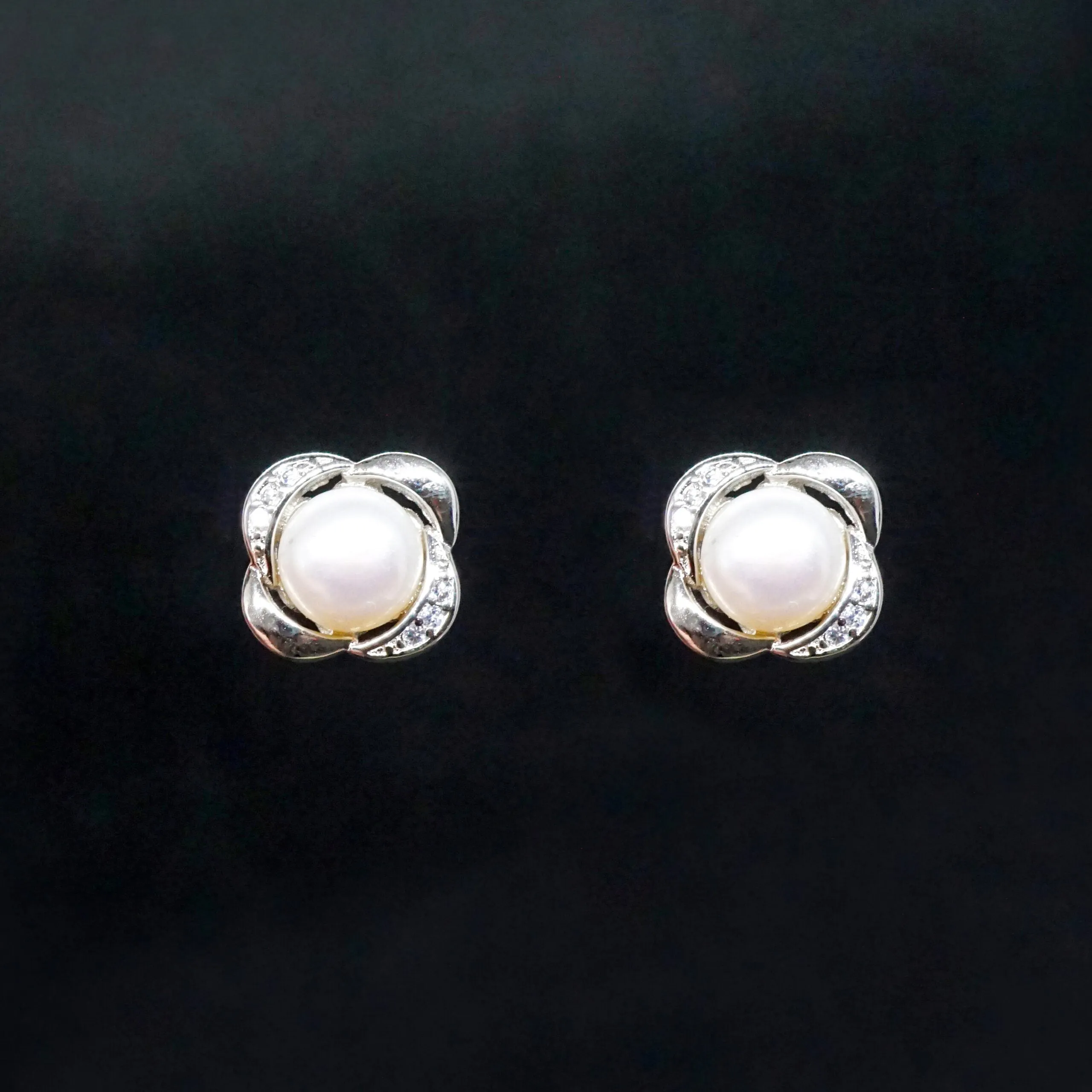 Avery X - White Pearl Round Silver Stud Earrings