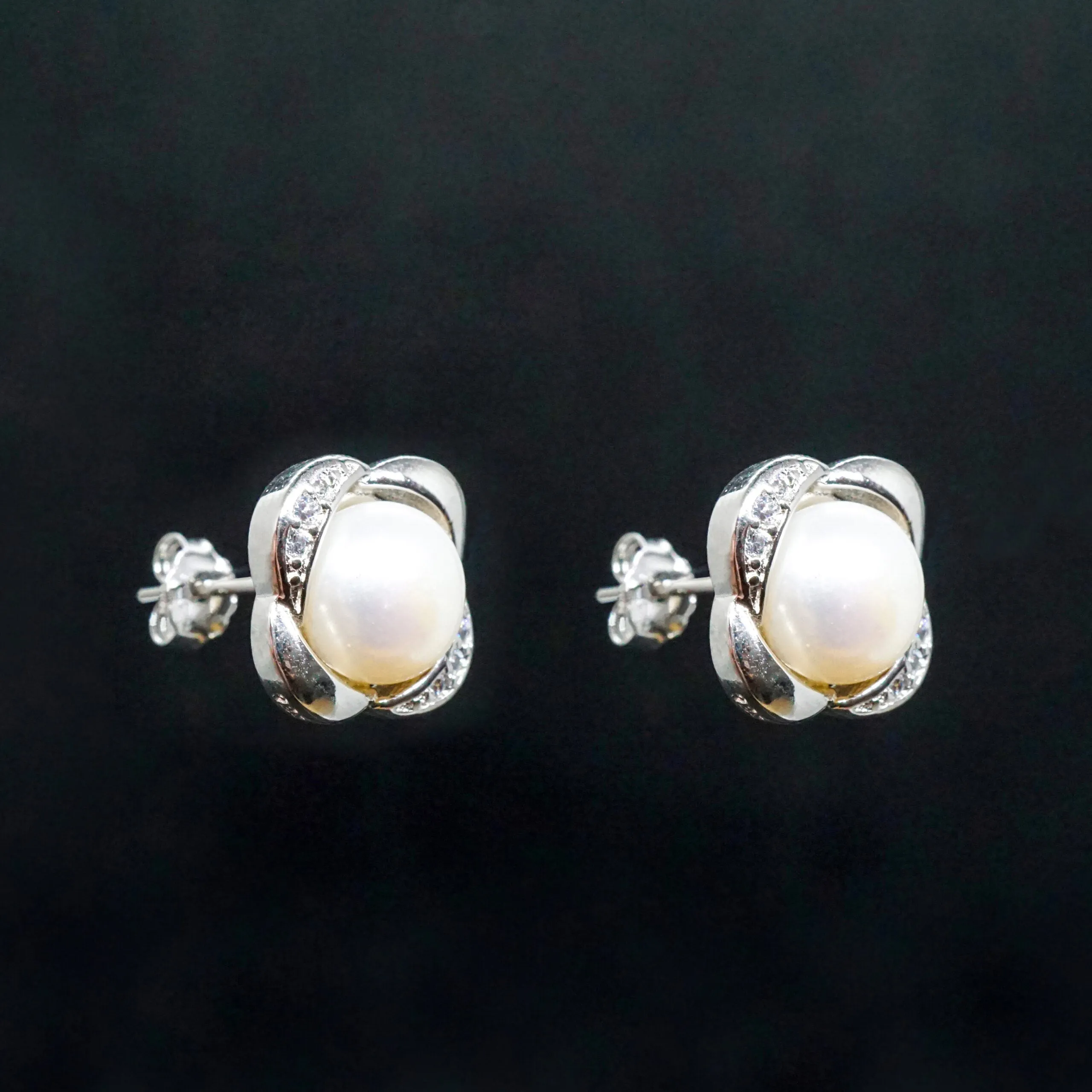 Avery X - White Pearl Round Silver Stud Earrings