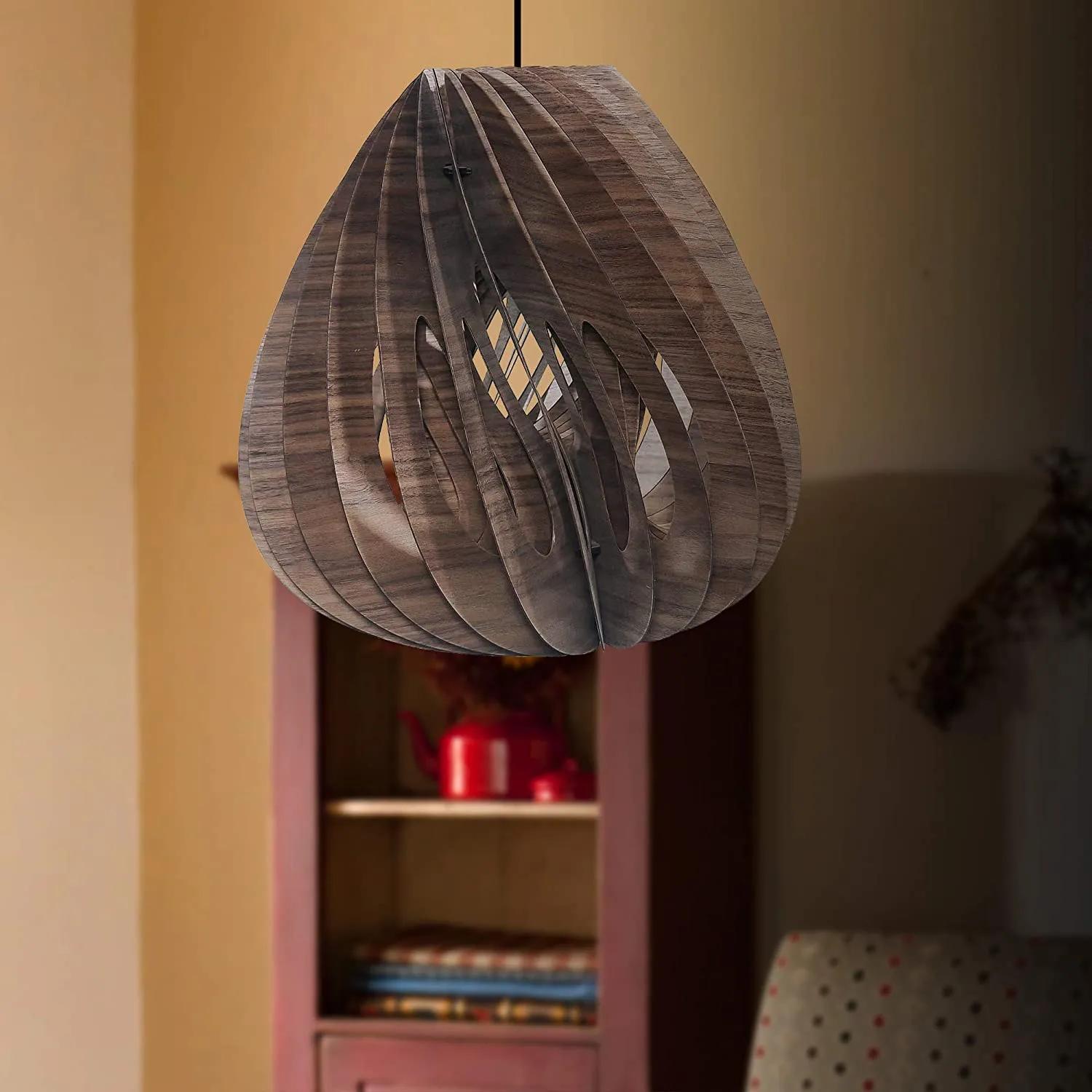 Benzara 60 Watt Aryballos Shape Wooden Ceiling Pendant, Walnut Brown