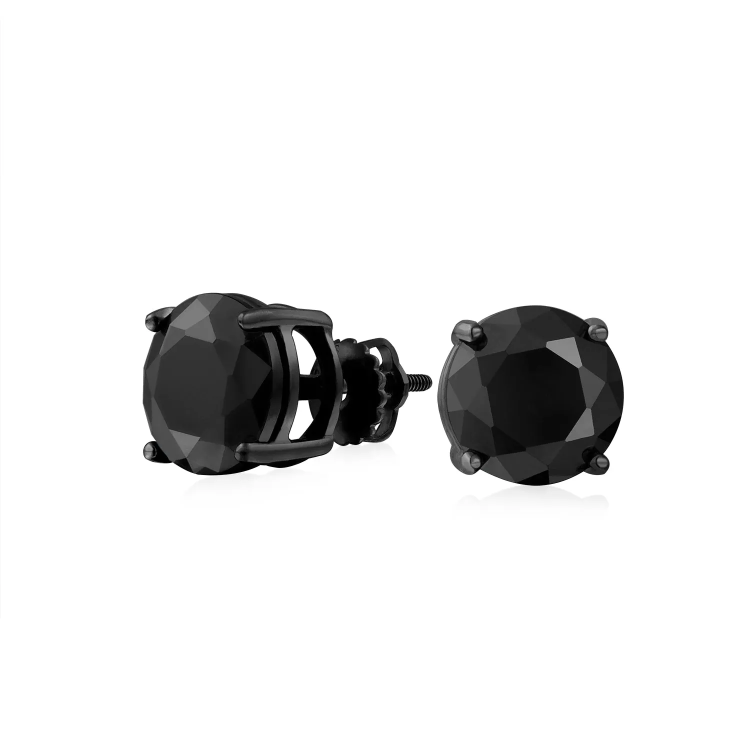 Black Round CZ Stud Earrings for Men, Screw Back, Sterling Silver, 5-9 MM