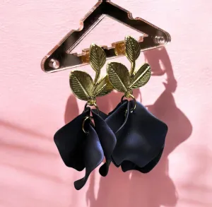 Blue - Navy iridescent flower earrings | golden leaf style earrings