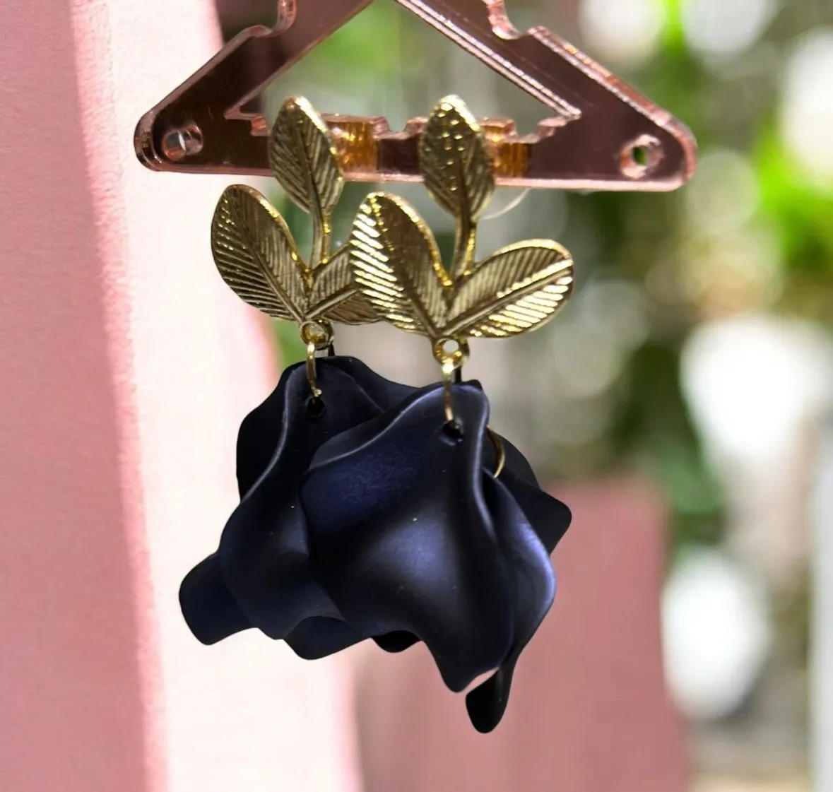 Blue - Navy iridescent flower earrings | golden leaf style earrings