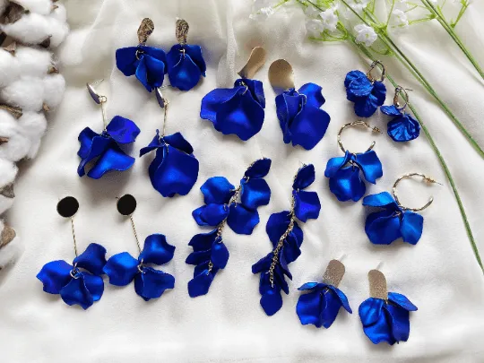 Blue - Royal blue iridescent flower earrings | clover stones petals baroque earrings | unique golden bar floral earrings | bridal wedding earrings