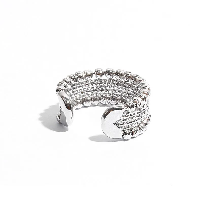 Bold Style Silver Tone Beaded Layered Open Cuff Ring - Silver