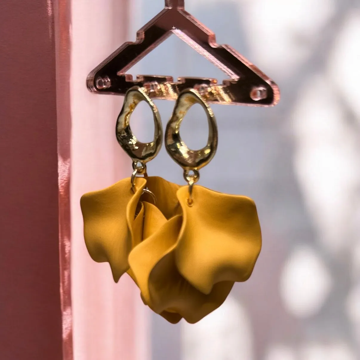 Brown - Caramel brown autumn flower earrings | dangle petal lightweight earrings | golden baroque earrings | bridal party wedding earrings