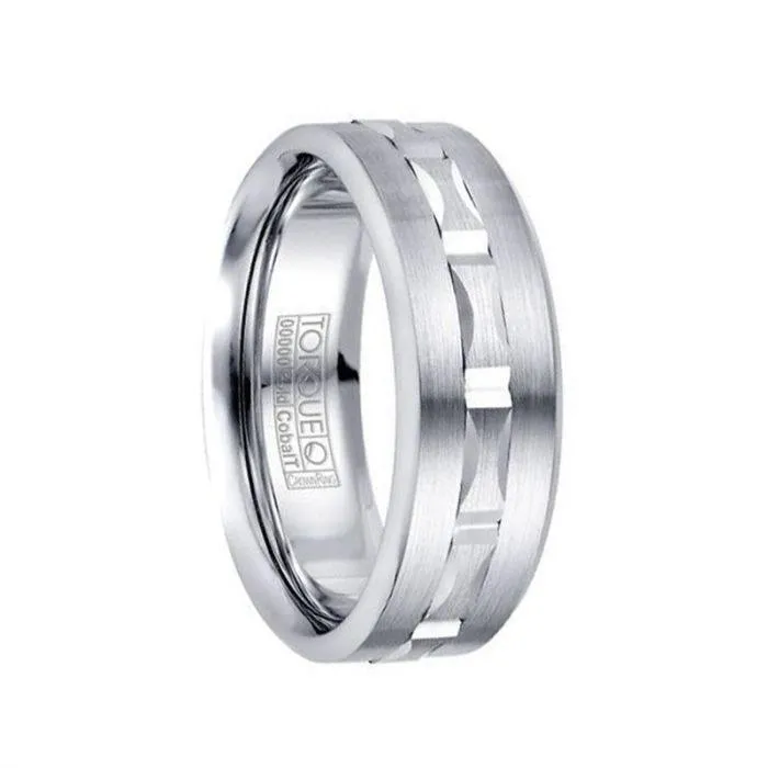 Brushed White Cobalt 10k White Gold Inlaid Grooved Center Men's Wedding Band by Crown Ring - 7.5mm