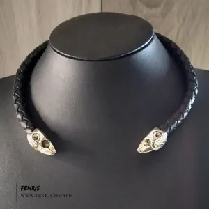 Celtic Torc Silver Raven Bird Black Leather | Fenris