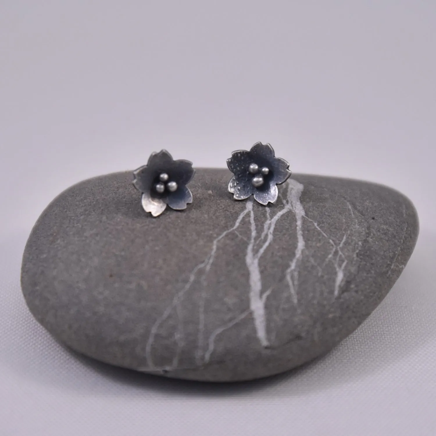 Cherry Blossom Cluster Studs in Oxidized Silver