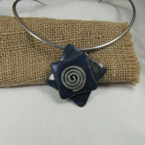 Choker Handmade Navy Blue Raku Pendant  Silver Neck Wire