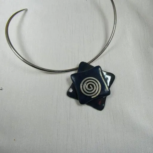 Choker Handmade Navy Blue Raku Pendant  Silver Neck Wire