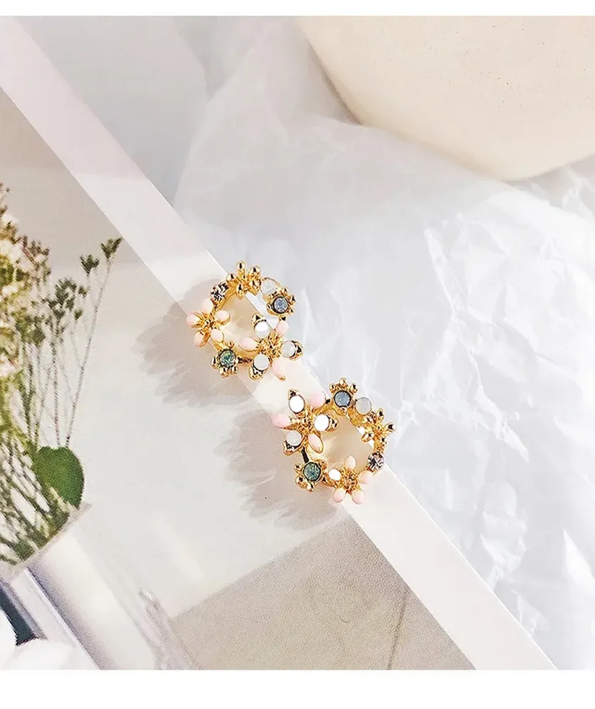 Circle Floral Drop Earring Stud Crystal Flower Hoop Earring Simple Cute