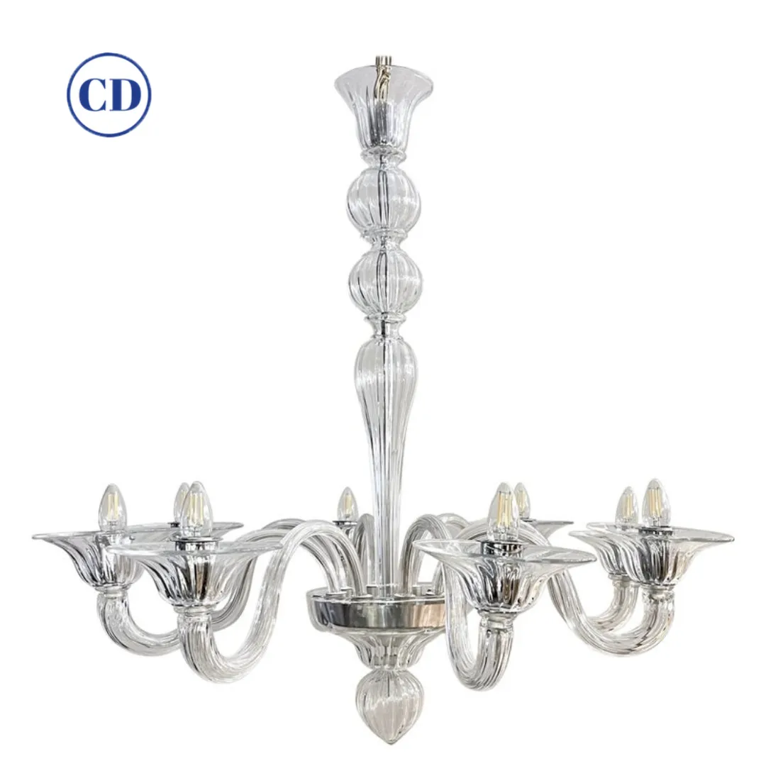 Contemporary Minimalist Italian 8-Arm Crystal Murano Glass Modern Chandelier