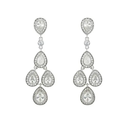 Elegant Classic Detailed Pear Shaped CZ Chandelier Dangle Brass Earrings