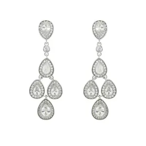 Elegant Classic Detailed Pear Shaped CZ Chandelier Dangle Brass Earrings