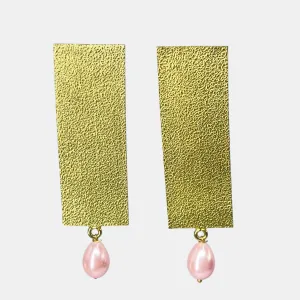 Elegant Gold Textured Square Statement Earrings with Pearl Drop