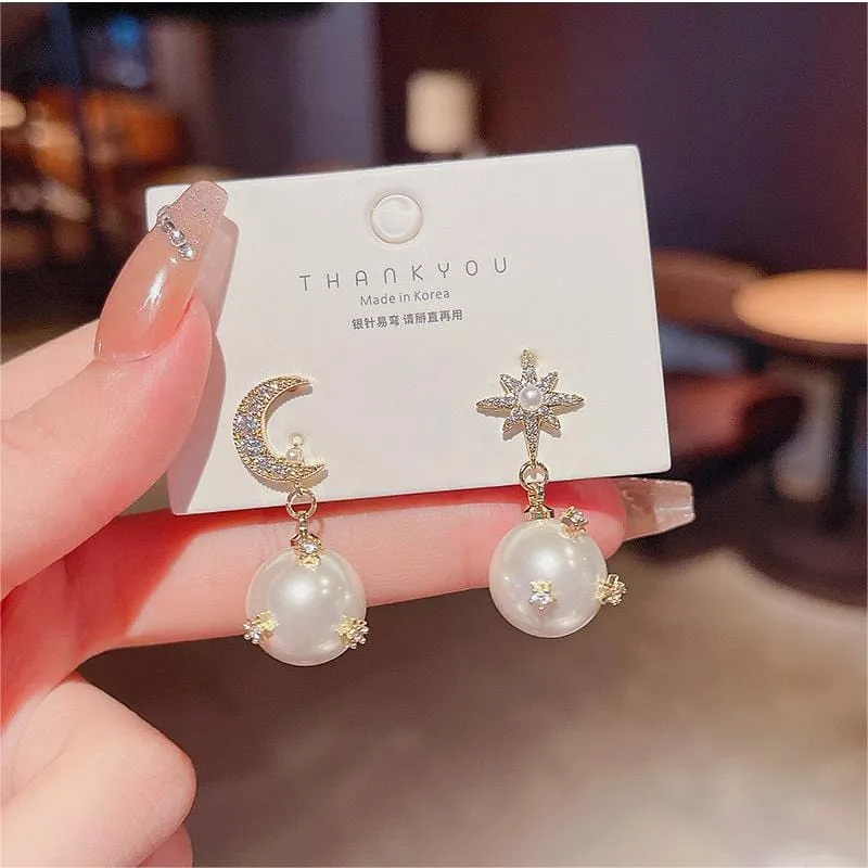 Elegant Moon Phase Star Dangle Pearl Earrings