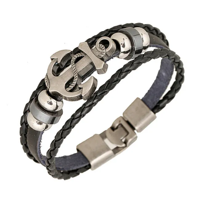 Fashion Jewelry anchor Alloy Leather Bracelet Men Casual personality PU Woven Beaded Bracelet Vintage Punk Bracelet Women BC036