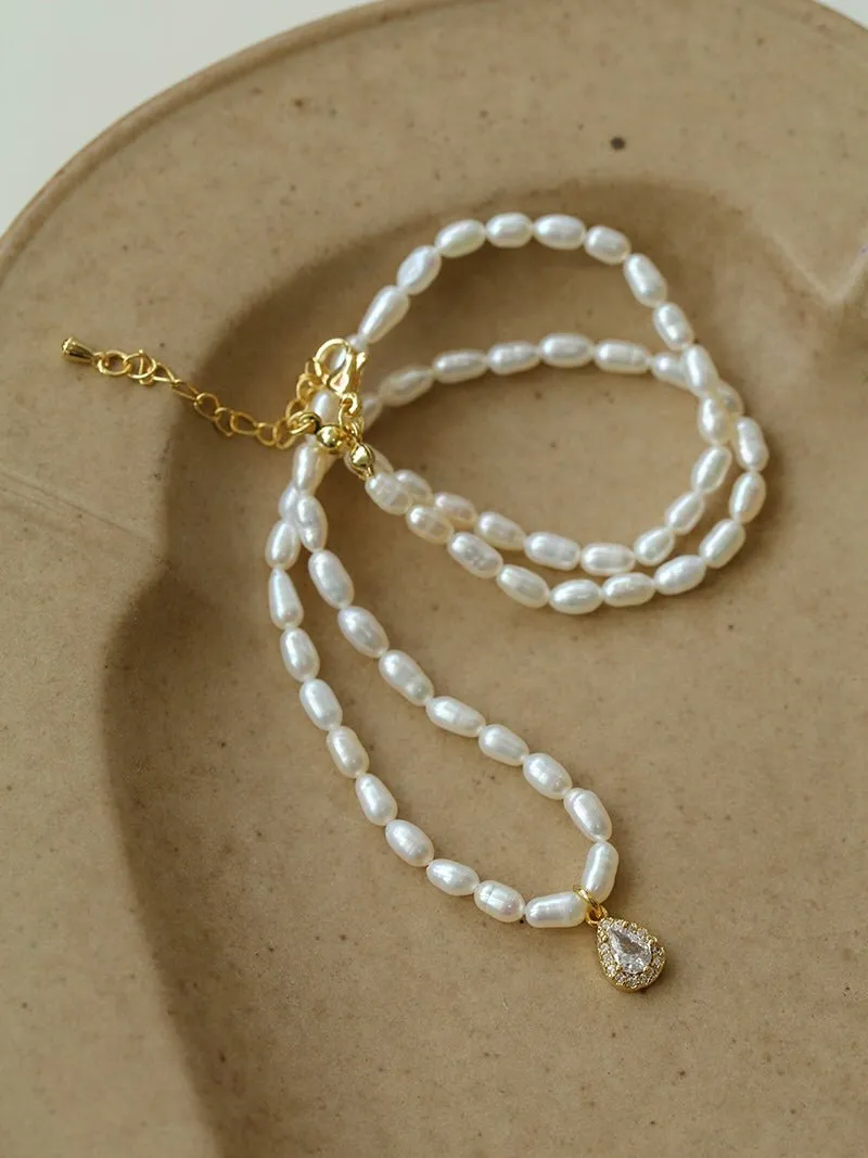 French Zircon Teardrop Pearl Necklace