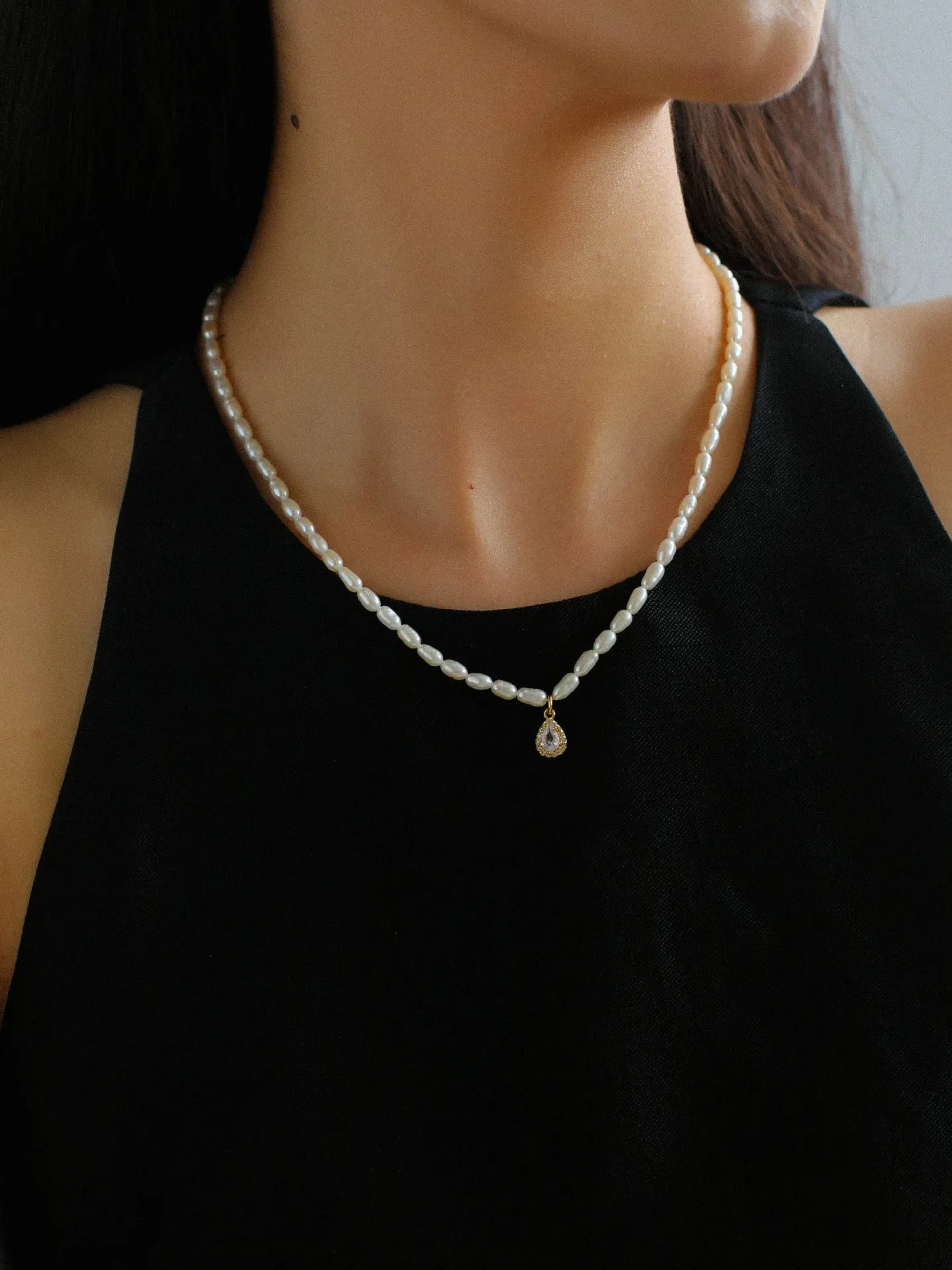 French Zircon Teardrop Pearl Necklace