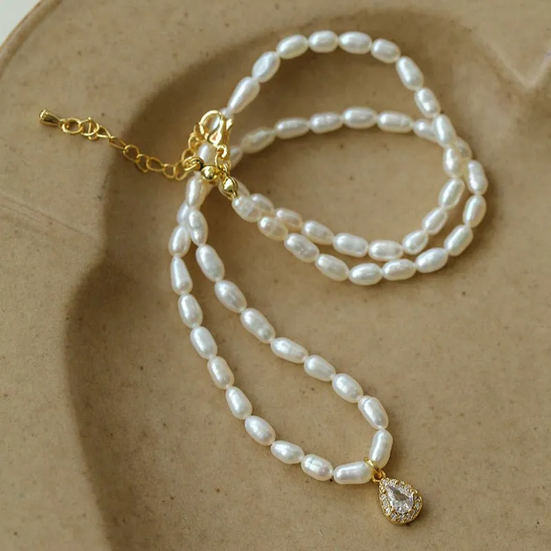 French Zircon Teardrop Pearl Necklace