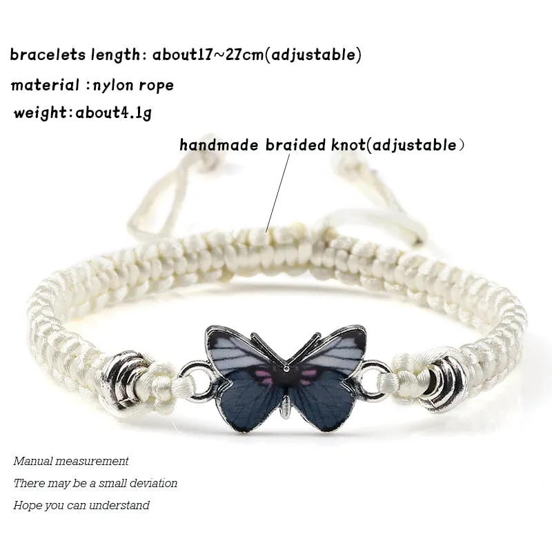 Gray Butterfly Fashion Bracelet Classic Black White Braided Rope Chain Handmade Bracelets for Women Men Adjustable Jewelry