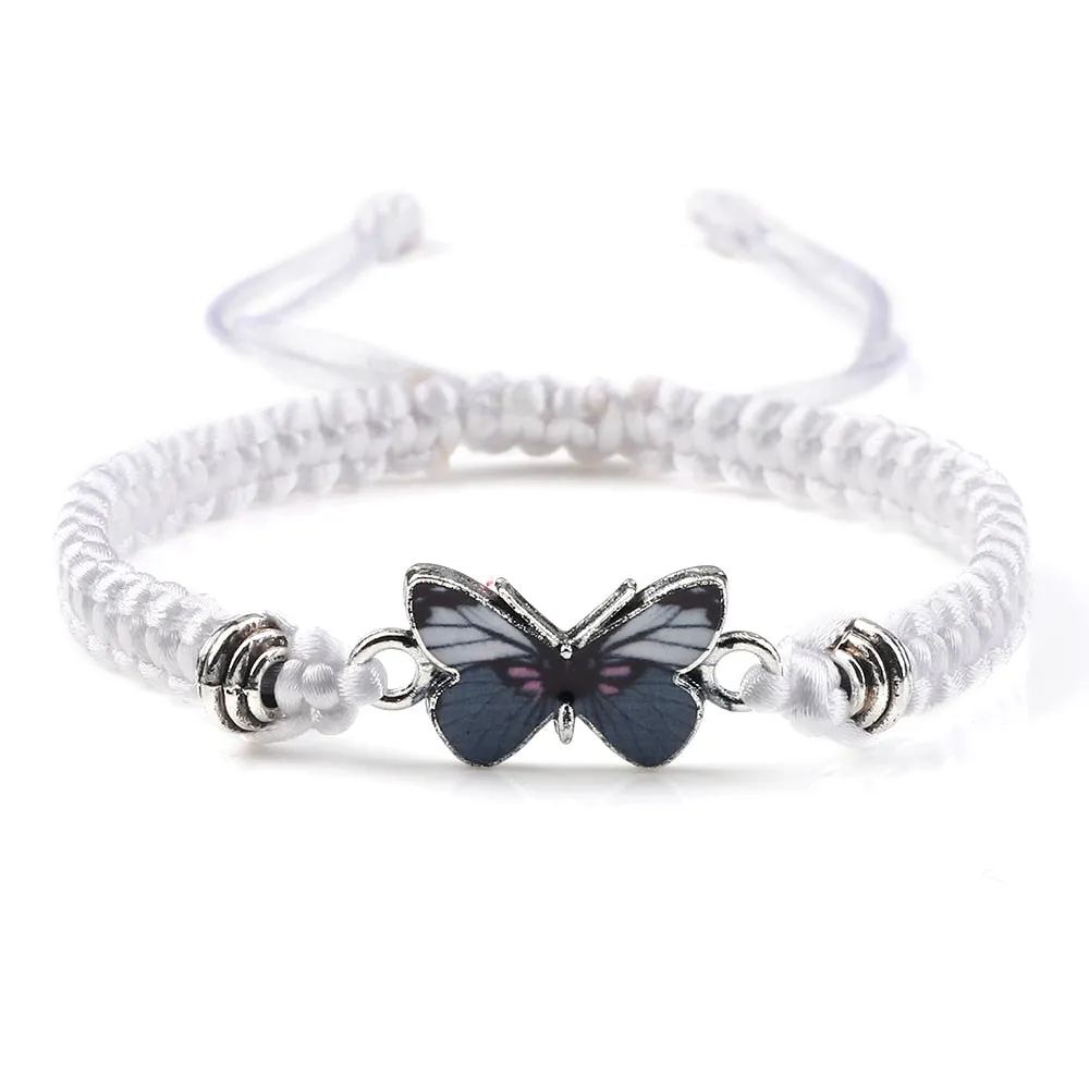 Gray Butterfly Fashion Bracelet Classic Black White Braided Rope Chain Handmade Bracelets for Women Men Adjustable Jewelry