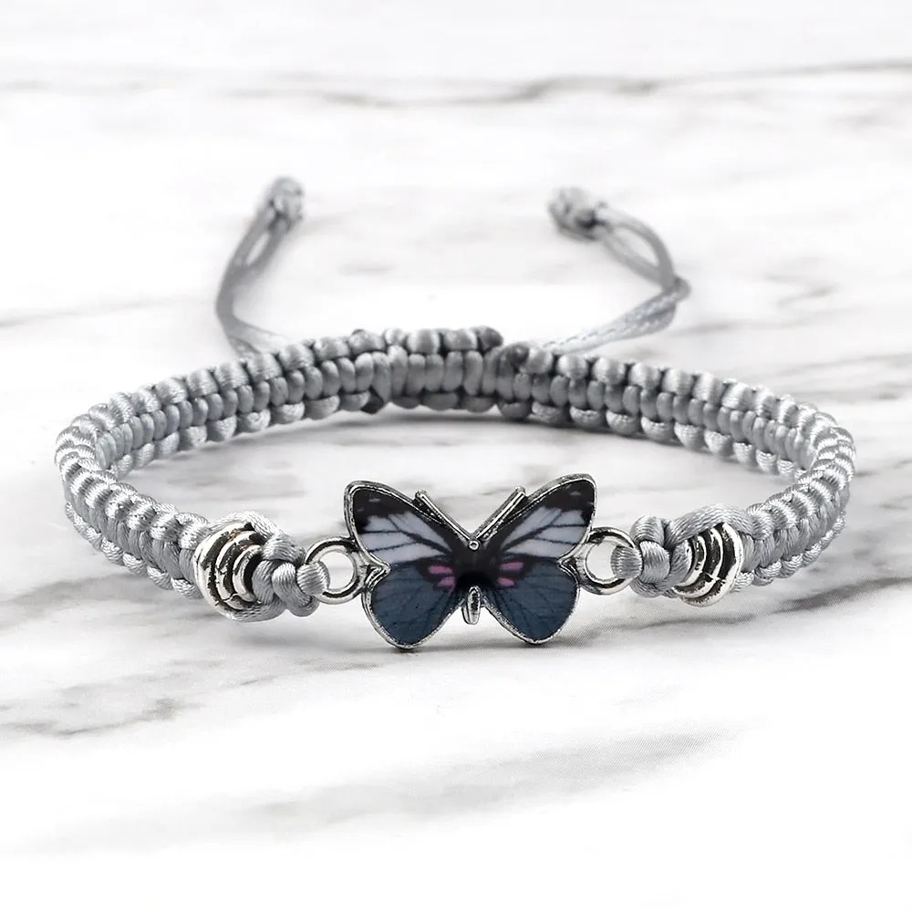 Gray Butterfly Fashion Bracelet Classic Black White Braided Rope Chain Handmade Bracelets for Women Men Adjustable Jewelry