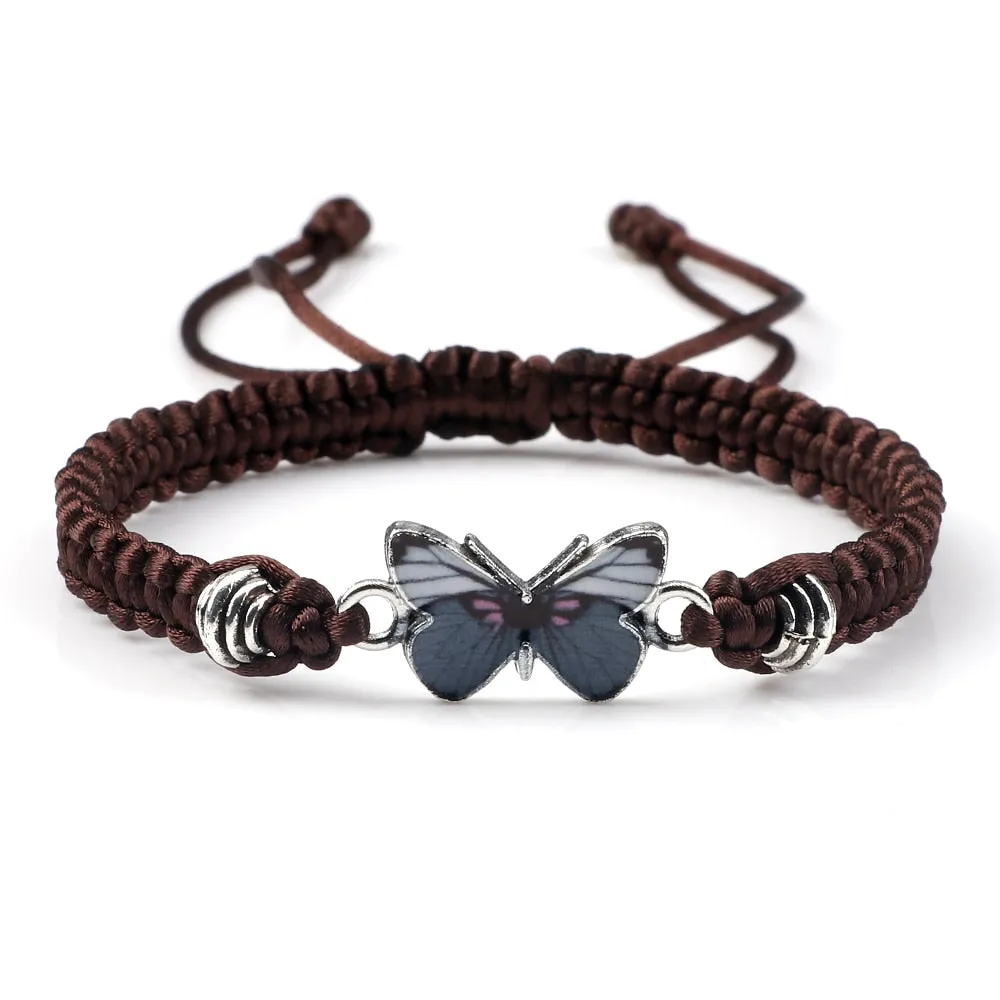 Gray Butterfly Fashion Bracelet Classic Black White Braided Rope Chain Handmade Bracelets for Women Men Adjustable Jewelry