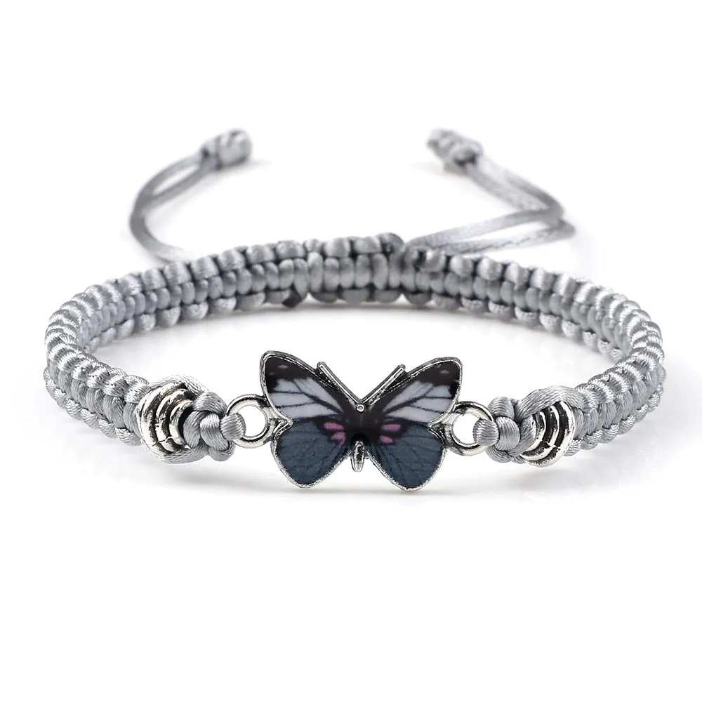 Gray Butterfly Fashion Bracelet Classic Black White Braided Rope Chain Handmade Bracelets for Women Men Adjustable Jewelry