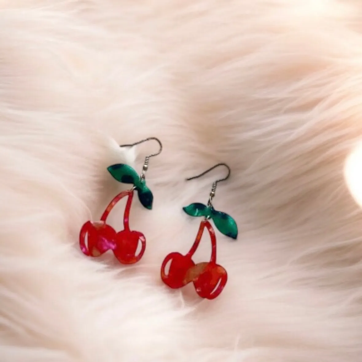 Kawaii - Acetate red cherry dangle earrings | fruits dangle earrings | oversize statement | cute kawaii earrings | burgundy red cherry petals