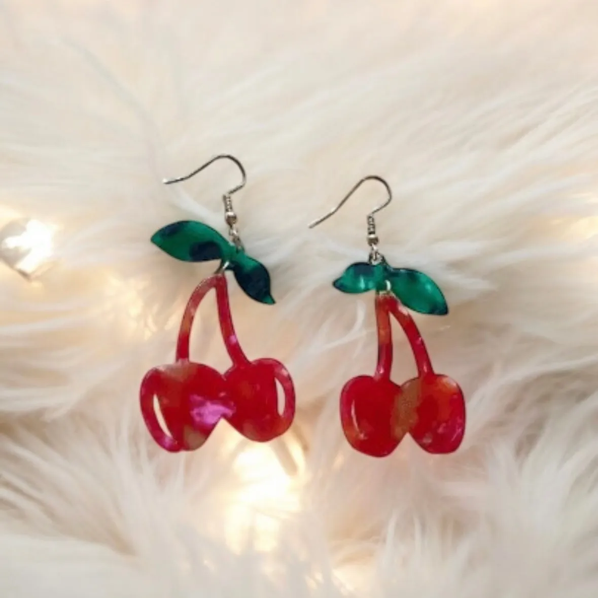 Kawaii - Acetate red cherry dangle earrings | fruits dangle earrings | oversize statement | cute kawaii earrings | burgundy red cherry petals