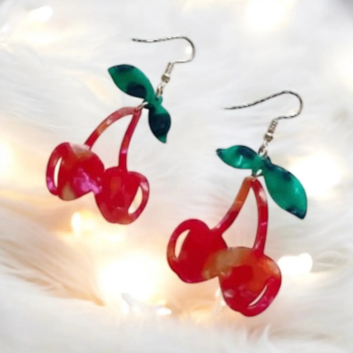 Kawaii - Acetate red cherry dangle earrings | fruits dangle earrings | oversize statement | cute kawaii earrings | burgundy red cherry petals