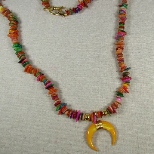 Long Multi-color Gemstone Chip Necklace with  Gold Pendant