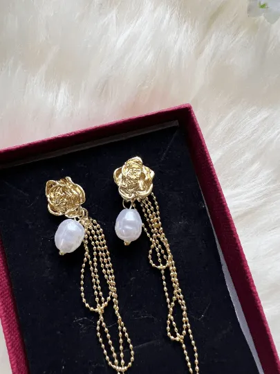 Lux - Roses Flower Gold statement earrings with pearl| dangle pearl drop earrings | multiple pearl chain earrings | Korean earrings