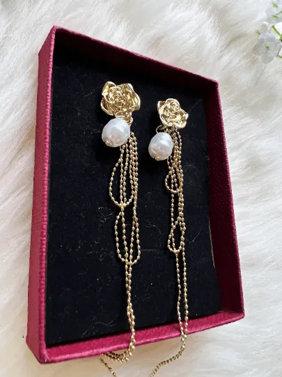 Lux - Roses Flower Gold statement earrings with pearl| dangle pearl drop earrings | multiple pearl chain earrings | Korean earrings