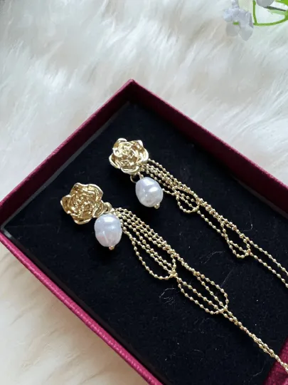 Lux - Roses Flower Gold statement earrings with pearl| dangle pearl drop earrings | multiple pearl chain earrings | Korean earrings